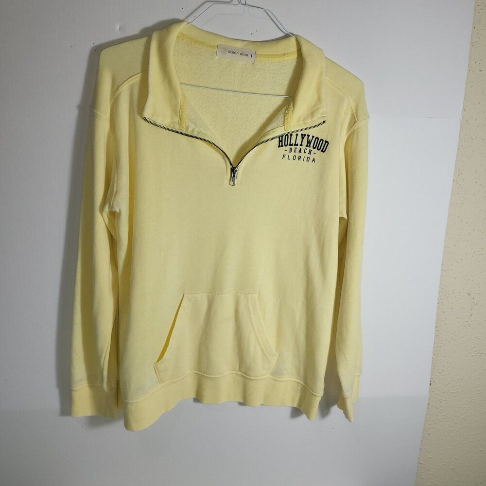 Ocean Drive Light Yellow Quarter Zip Sweatshirt L with "Hollywood Beach Florida"